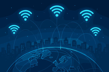 Poster - Global telecommunication network concept with Wi-Fi symbols over a smart city skyline. Wireless technology, internet connection, 5G data transfer, and globalization background vector.