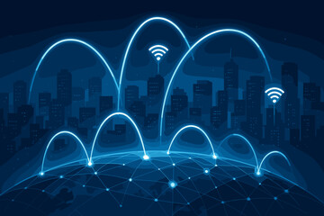 Poster - Global network communication and smart city concept. Wireless internet connection and data transmission over the planet Earth. Futuristic cityscape background with wifi signal.
