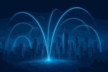 Poster - Smart city and global communication network concept. Futuristic urban cityscape with glowing lines showing data transmission. Abstract background for internet, 5G, and telecom technology.