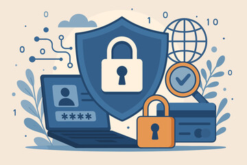 Fototapete - Cybersecurity concept with shield and lock. Data protection and internet security illustration. Secure online payment, login, and password safety. Digital privacy technology vector art.