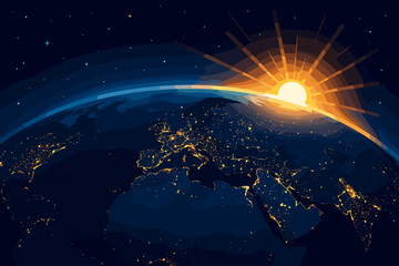 Poster - Vector illustration of Earth from space. Sunrise illuminates the globe over Europe. City lights shine at night. Global communication network concept. New day, hope, and future.