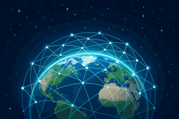 Poster - Global network connection concept. Planet Earth from space with worldwide communication grid. Internet technology and futuristic data exchange. Globalization and business vector.