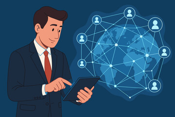 Poster - Businessman using tablet for global communication and networking. Illustration of international business connection, worldwide data exchange, and social media technology on a world map.