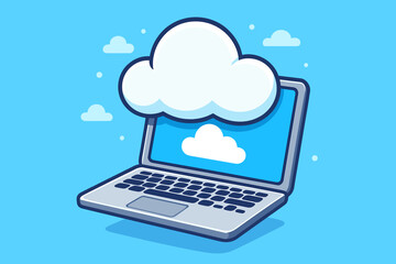 Aufkleber - Cloud computing technology vector illustration. Laptop computer with cloud symbol for online data storage, backup, and sync. Concept of internet services, web hosting, and network.
