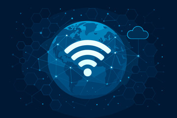 Aufkleber - Global wireless technology and communication concept with Wi-Fi symbol on planet Earth. Worldwide network, internet connection, cloud computing, and digital data transmission vector.
