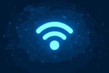 Poster - Wi-Fi symbol. Global wireless technology. Internet connection concept. World map digital background. Communication network. Data transfer. Cloud computing. Futuristic cyber innovation. IoT.