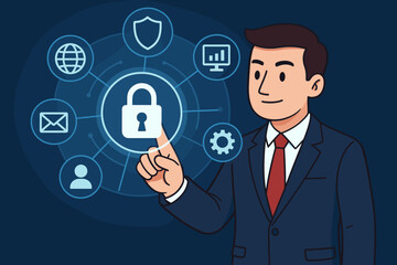 Aufkleber - Cybersecurity expert managing network protection. Businessman touching digital padlock icon on a virtual screen. Concept of data privacy, information security, and internet safety.