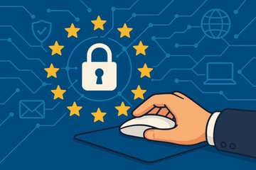Aufkleber - GDPR concept vector illustration. General Data Protection Regulation. Cybersecurity and data privacy in European Union. Hand on computer mouse with padlock, EU flag stars, and network icons.