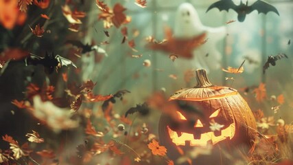 Poster - A jack o lantern surrounded by colorful autumn leaves