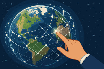 Poster - Global network connection, technology and communication concept. Businessman hand touching planet Earth. Worldwide internet, digital grid, data exchange, and international business.