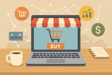 Fototapete - Online shopping vector illustration. Digital marketing and e-commerce business concept. Laptop with web store, cart, and buy button. Credit card, money and growth chart icons.