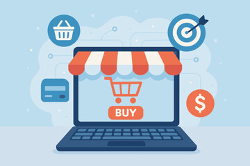Fototapete - E-commerce and digital marketing vector concept. Laptop with an online store, buy button, and shopping cart. Icons for payment, sales target, and basket for internet retail.