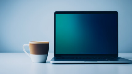 Poster - Digital Workspace Harmony: A modern workspace scene, a sleek laptop with a vibrant blank screen next to a stylish coffee, blending technology with comfort.