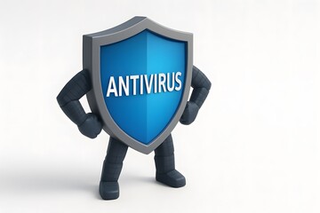 Poster - Cartoon Character Holding Antivirus Shield Representing Cyber Security