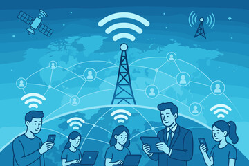 Poster - Global connectivity and communication network concept. People using smartphones, tablets, and laptops connected worldwide. Wireless internet, 5G signal tower and satellite.