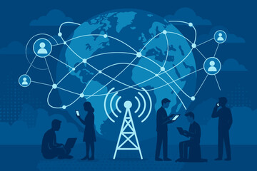 Poster - Global network communication concept. People connected worldwide. Social media, internet, wireless technology. World map with data connection. Digital transformation, 5G, teamwork.