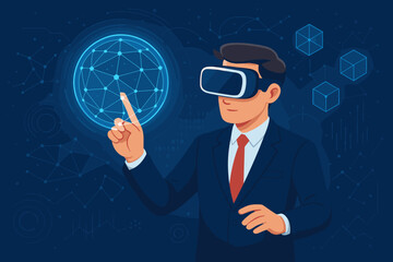 Poster - Businessman in virtual reality headset interacting with a futuristic digital interface. Metaverse and global business concept. Future technology, augmented reality, and innovation.