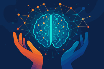 Poster - Hands holding brain with neural network. Mental health, psychology and therapy concept. Left and right brain hemisphere. Logic versus creativity. Neuroscience, AI, and innovation.