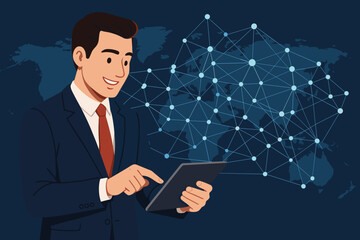 Poster - Businessman managing global network connection on a tablet. International business technology concept. World map with data visualization. Digital communication and future innovation.