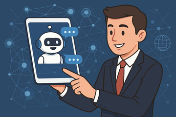 Poster - Businessman interacts with AI chatbot on tablet for customer service. Concept of artificial intelligence, virtual assistant, online support, and digital communication technology.