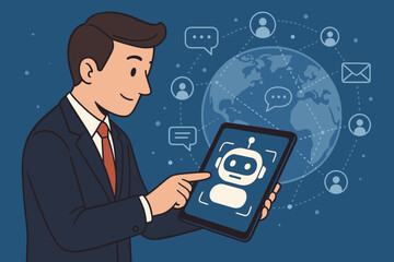 Poster - Businessman interacts with an AI chatbot on a tablet for customer service. Concept of virtual assistant, artificial intelligence, machine learning, global communication, and automation.