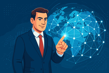 Poster - Businessman touching a glowing digital network over the world map. Global business strategy, international communication, and technology innovation. Data analytics concept vector.