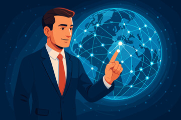 Poster - Businessman interacting with holographic Earth. Global business network and connection concept. Futuristic communication technology and data visualization with world map interface. Vector.
