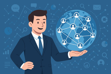Poster - Global business connection concept. Businessman holding a globe with a people network. Worldwide communication, international partnership, teamwork and social media vector illustration.