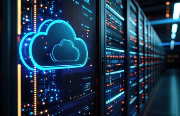 Poster - Glowing blue cloud icon in advanced data center with red and blue LED-lit server racks, ideal for illustrating cloud hosting, cybersecurity, and digital infrastructure
