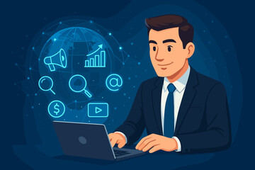 Poster - Digital marketing concept with a businessman at laptop. Manager planning business strategy on a futuristic interface with icons for SEO, analytics, and global online promotion.