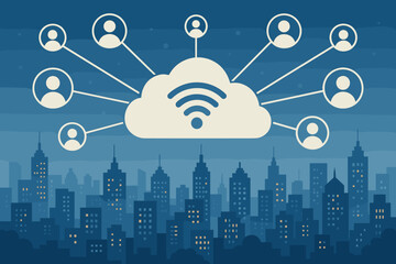 Poster - Smart city concept vector illustration. Cloud computing with wifi symbol connecting people in a network over an urban skyline. Internet of things, social network, data connection concept.