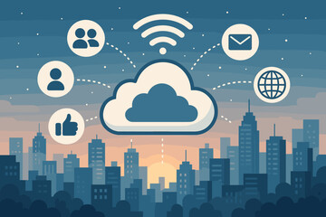 Poster - Smart city concept with cloud computing technology. Urban skyline with wireless network connection. Social media, communication, and global internet icons. IoT vector illustration.