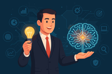 Poster - Businessman with lightbulb idea and AI digital brain. Concept for innovation, creativity, business solutions, and technology. Artificial intelligence metaphor for strategy and data analysis.