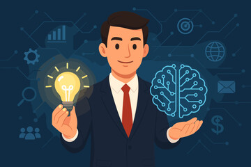 Poster - Businessman holding a glowing idea lightbulb and an artificial intelligence digital brain. Concept of innovation, business strategy, creative problem-solving, and technology. Vector.