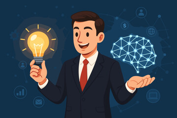 Poster - Businessman holding a lightbulb idea and an AI digital brain. Concept of innovation, creative thinking, business strategy, artificial intelligence, data networking, and technology.