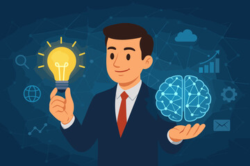 Poster - Businessman holds a lightbulb idea and AI brain. Concept for innovation, creative problem solving, business intelligence, and strategy. Technology, data analysis, and growth.