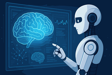 Fototapete - Futuristic robot with artificial intelligence analyzing human brain. AI in medicine and healthcare. Neurology research, machine learning diagnostics. Brain scan on futuristic digital screen.