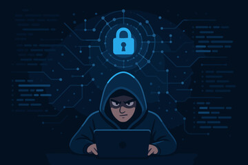 Poster - Hacker in hoodie at laptop computer. Cybersecurity concept with digital padlock icon. Cybercrime, phishing, and data breach. Network security threat and internet privacy vector.