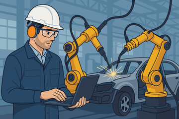 Poster - Engineer with laptop programming robotic arms on automotive assembly line. Smart factory automation and industry 4.0 concept. Car manufacturing process with robots welding.
