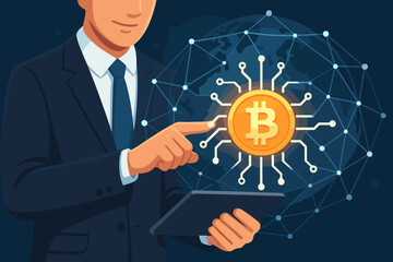 Poster - Businessman in suit holds tablet pointing at Bitcoin symbol. Concept of cryptocurrency, blockchain technology, fintech, digital currency investment, and global financial network. Vector.