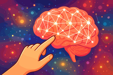 Fototapete - Artificial intelligence concept with a hand touching a human brain. Glowing neural network symbolizes data connection, machine learning, technology, innovation, and neuroscience.