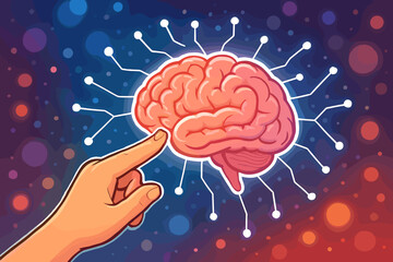 Fototapete - Human hand touching a brain with a neural network. Artificial intelligence and machine learning concept. Innovation, technology, and neuroscience. Brain-computer interface symbol.