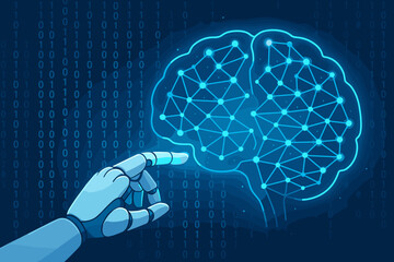 Fototapete - Artificial Intelligence Neural Network Concept. Robot Hand Touching Digital Brain. Machine Learning, Deep Learning, Data Science, Technology Interface, Binary Code, Automation, Innovation