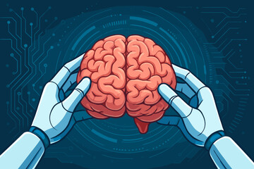 Fototapete - Artificial Intelligence and Human Brain Synergy Concept. Robot Hands Holding Human Brain. Futuristic Technology, Neural Interface, Machine Learning, AI Integration, Digital Mind, Science Illustration