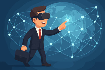 Poster - Businessman wearing VR headset interacts with a holographic global network. Metaverse concept for international business, futuristic communication, and worldwide connection. Virtual reality.