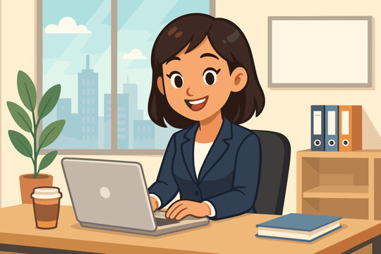 Happy smiling businesswoman character working on laptop at her desk in modern office. Professional female employee, manager at workplace. Flat cartoon vector illustration concept.