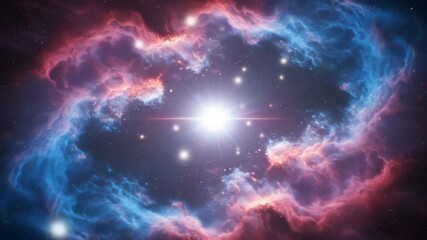 Wall Mural - Bright Star in a Cosmic Nebula - A vibrant nebula swirls around a brilliant star at the center of the frame, creating a breathtaking cosmic scene filled with pink, blue, and purple hues.