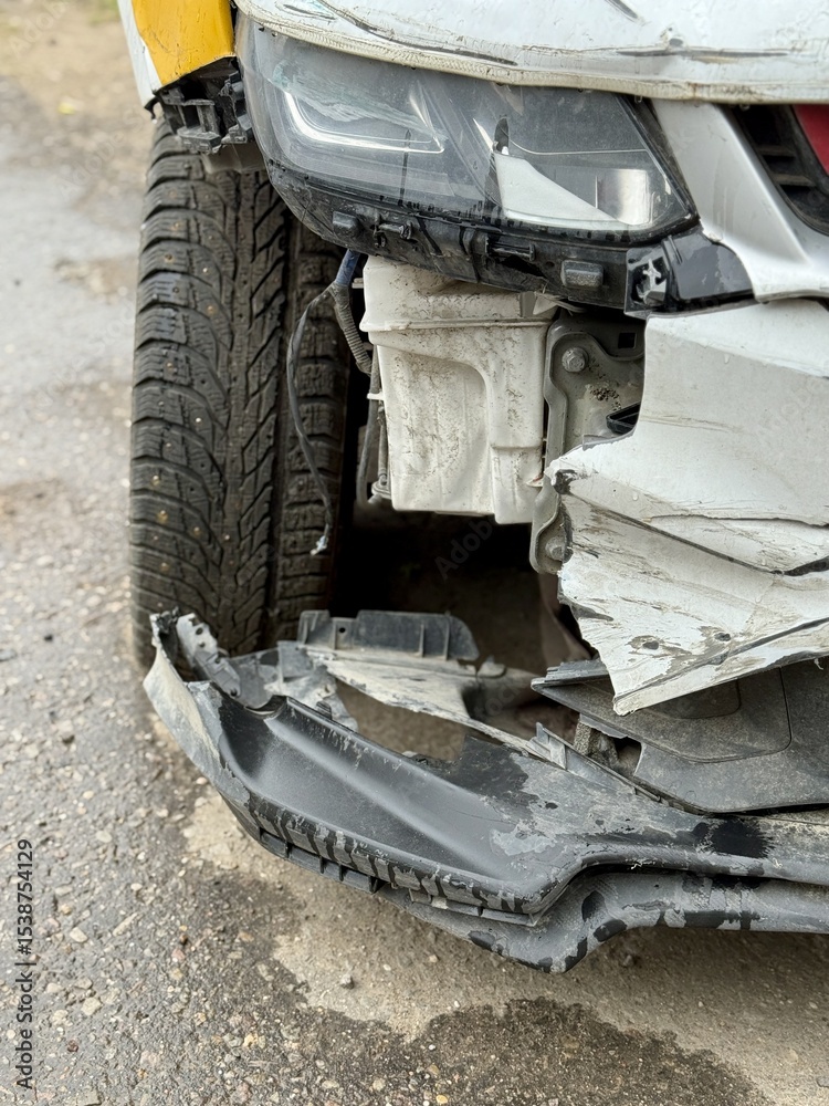 Car is severely damaged following a collision and road accident ...