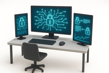 Poster - Modern Desktop Setup with Cybersecurity Graphics and Lock Symbols