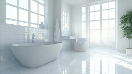Aufkleber - A large white bath tub sits in a bathroom next to a window, ready for use